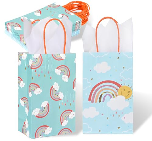 DjinnGlory 36 Pack Small Rainbow & Clouds Paper Gift Bags with Handles and White Tissue Paper for Baby Shower Birthday Sunshine Party Favors Goodies, 9x5.5x3.15 Inch (2 Designs Asst.)