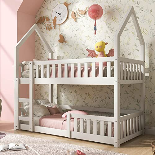 ANIROY 3FT Single Bunk Bed 90 x 190cm, Twin Sleeper Bed with Ladder, Solid Wood Children's Castle-Shaped Bed for Kids Children (White)