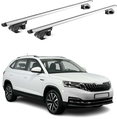 OMAC Dachträger Aluminium TÜV geprüft für Skoda Kamiq 2019-2026 – Für Standard Dachreling – T Nut – Max 90 kg – 2 Schlösser Silber
