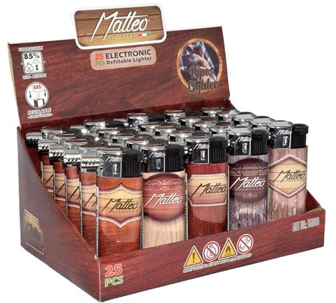 Accendini Matteo Piezo Elettronico per Pipa, Fiamma Orizzontale, Design Finto Legno (25pz) Cod. 151003