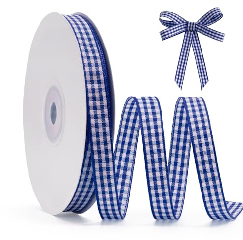 FAKILO Cinta Vichy a Cuadros Azul y Blanco - 10mm x 22m, Cinta de Satén Tartán para Regalos, Bodas, DIY, Hacer Lazos, Decoración del Hogar y Accesorios para el Pelo