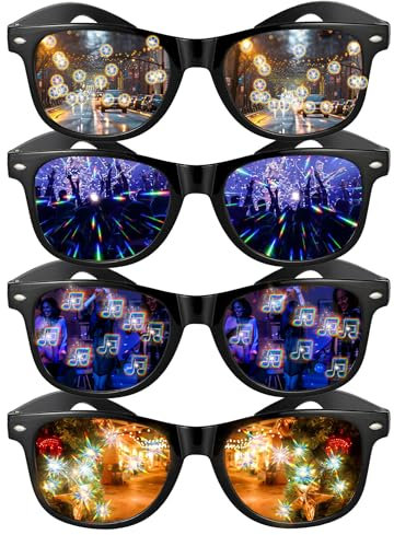 4Pcs Diffraction Glasses Kaleidoskop Brille Prisma Brille Diffractions Party Brille Diffraction Prisma Brille mit Fußball Musiknoten Popcorn Neunköpfiger Vogel Effekt für Tanzlichtshow Musikfestival