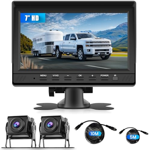 VECHTEL Kit Telecamera Posteriore IPS HD 7 Pollici con 2 Telecamera, Telecamera Retromarcia Auto con Impermeabile IP68 Visione Notturna DVR per 12V-36V Camion Autobus Furgoni Camper Pickup