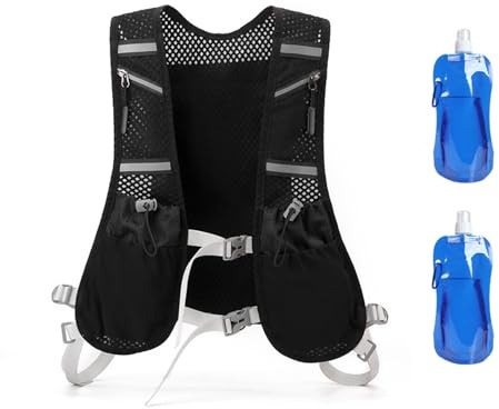 Gilet de course avec 2 gourdes souples de 480 ml, réglable, réfléchissant, respirant, pour femmes et hommes, plusieurs poches, pour marathon, jogging, cyclisme
