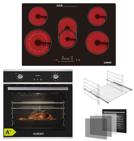 KB ELEMENTS Kit de cuisinière autonome - Four encastrable de 60 cm - 70 litres - Plaque de cuisson vitrocéramique de 59 cm - 9 fonctions - Triple vitrage de protection thermique - Fonction rôtisserie