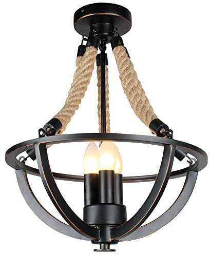 Pink Palm Lámpara Colgante de Hierro Forjado de Tres Luces Estilo Industrial Retro E14 con Cuerda de cáñamo Creativa y Personalidad, Accesorio de iluminación Decorativo para Techo.