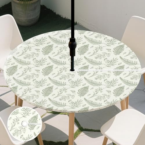 CUTHOLLOW Nappe Ronde 106 cm avec Bord Élastique - Trou Parasol, Impermeable Anti Tache Nappe de Jardin avec Motif Feuille, Polyester Nappes de Table - Lavable - pour Le Tableau 86-106 cm