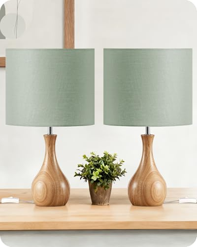 GOEBLESON Lámpara de Mesita de Noche de Madera Maciza Juego de 2, Pantalla de Lino, con Cable, Incluye una Bombilla LED 2700K, para Sala de Estar, Dormitorio, Verde y Natural