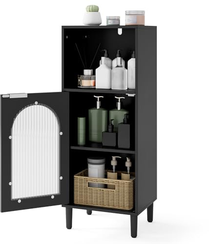 COSTWAY Bathroom Floor Cabinet, Freestanding Storage Cupboard with Tempered Glass Door & Adjustable Shelf, Solid Wood Legs Slim Bathroom Unit Cabinet for Living Room Hallway, 35x30x90cm (Black)