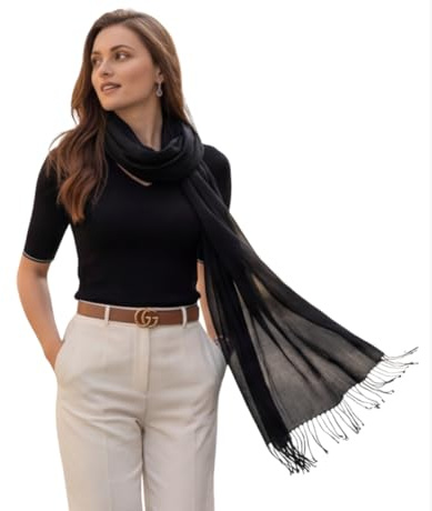 LA FERANI Sciarpa estiva da donna, in cashmere, sottile, 200 x 70 cm, leggera, trasparente, tinta unita, per estate, primavera, casual, business, stile, regalo per lei, Nero , 200x70