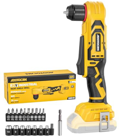Taladro de ángulo recto sin escobillas para batería DeWalt de 20 V (solo herramienta), taladro angular inalámbrico de 3/8 pulgadas con diseño compacto y velocidad variable, con una luz LED para