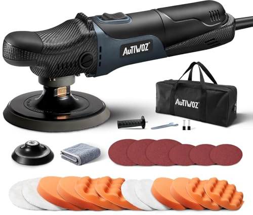 AUTIWOZ Mini Pulidora Automotriz de 630W, 6 Velocidades Variables 2500-4500 rpm, Asa Lateral, Almohadillas/Disco de Lana/Papel Abrasivo de 100mm/125mm, para Pulido de Vehículos