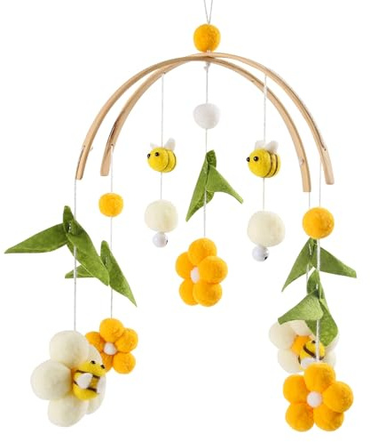 Babysängmobil med bohemiska blommor och bin inklusive klockor lugnande främjar färguppfattning och visuell uppfattning i barnrummet.