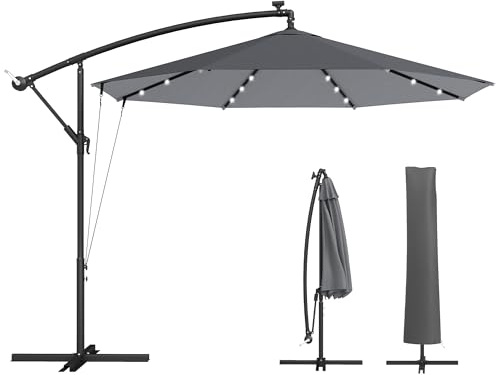 Outsunny Ombrellone da Giardino Decentrato 3x3m con Luci LED Solari, Copertura Protettiva, Ombrellone da Esterno con Corde Antivento, Base a Croce, Manovella, per Piscina Cortile Terrazza, Grigio