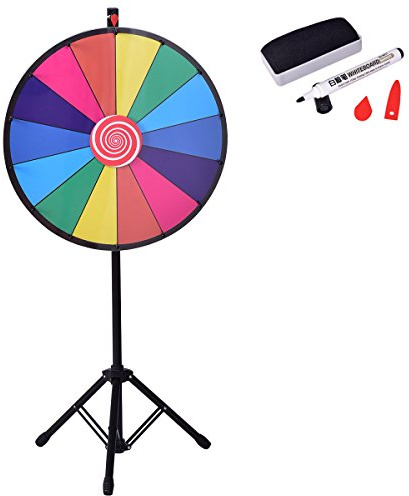 GYMAX 18/24 Color Prize Wheel 14 Slots Dry Eraser Trade Show Fortune Win Colorful Spin Party Pub Tradeshow Game (24 Tripod Stand)
