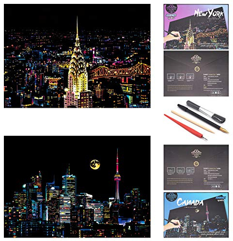 SiYear Scratch Paper Rainbow Painting Sketch, City Series Night Scene,Scratch Painting Creative Gift,Scratchboard for Adult with 4 Tools