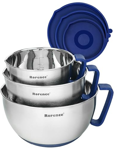 Rorence Mixing Bowls Set: Stainless Steel Non-Slip Bowls with Pour Spout, Handle and Lid - Set of 3 - Blue