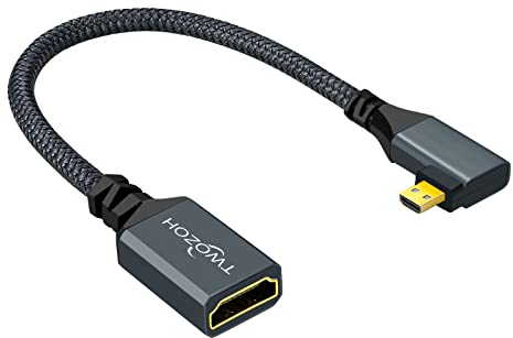 Twozoh Cable Adaptador Micro HDMI a Tipo A en ángulo Recho, Trenzado de Nailon de 90 ° HDMI Tipo D Macho a Tipo A Hembra Cable Soporte 4K/60Hz 1080p (20CM)