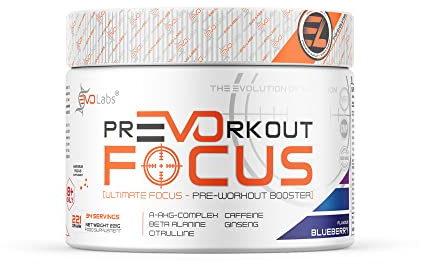 EVOLabs® PrEVOrkout Focus Pulver 221g Pre-Workout Booster,Pump&Gaming Booster mit N-Acetyl-L-Cystein, Beta-Alanin, Guarana, Taurin&Siberian Ginseng, Trainingsbooster (Blueberry)