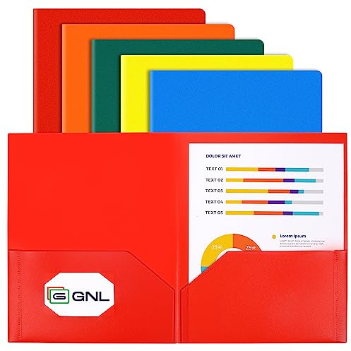 GNL Plastic Folders with Pockets, Pack of 5, Colored Heavy Duty 2 Pocket File Folders Letter Size, Pocket Folders for School, Home, and Office