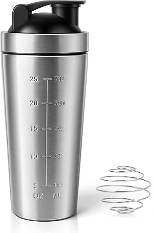 FENGQ Shaker proteico in acciaio inox, 750ML Shaker per proteine in acciaio inox, Shaker per proteine di fitness, Sport Fitness Shaker, con sfere in acciaio inox, per sport, fitness, argento