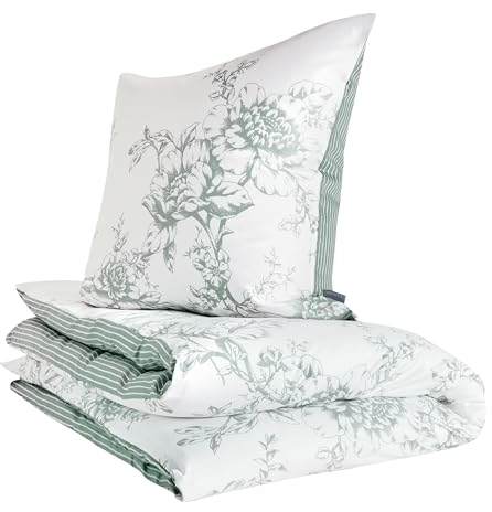 Zeitgeist Cholet Bettwäsche 135x200 cm - 100% Baumwolle, Reißverschluss, 2tlg Bettwäsche Set Blumen grün weiß