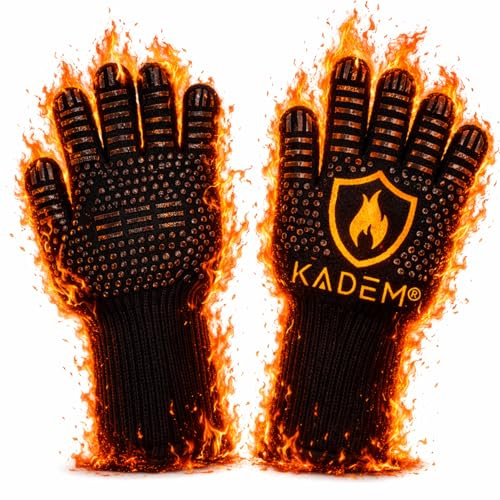 Kadem® Unisex kvinnor och män, grillhandskar, värmebeständiga upp till 800 °C | Ugnshandskar ugnshandskar eldstadshandskar matlagningshandskar | brandsäkra halkfria guldflamma S/M