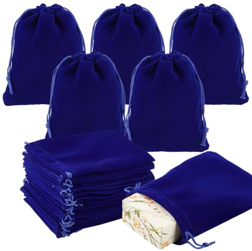 PH PandaHall Paquete de 30 Bolsas de Terciopelo Azul para Joyas, 15 x 12 cm con Cordon, Bolsas para Regalos, Joyas, Pulseras, Relojes