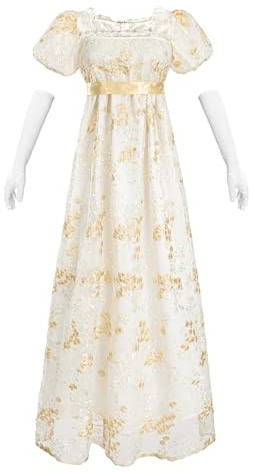 LTAKK Regency - Abito da donna con maniche a sbuffo con fusciacca, abito lungo floreale, vita impero, abito rinascimentale, elegante, maxi per matrimoni, gala, tea party, abiti da donna, Oro, M