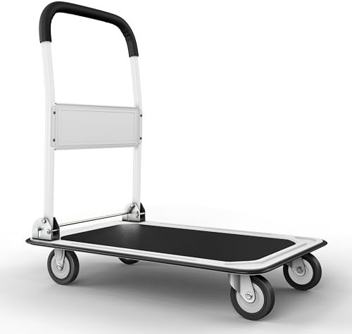 Heavy Duty Foldable Push Cart Dolly | 330 lbs. Capacity | Upgraded Collapsible Hand Truck Folding Platform with Swivel Wheels | Flat Bed Moving Wagon | Space Saving Push Handle (White)