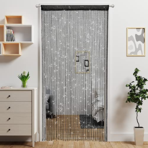 Ateasierlife Door Curtain Fly Screen String Curtains Window Doors Beads Screens Tassel Doorways Blinds Room Divider Kitchen Outdoor Insect Bug Glitter Panel (Black)