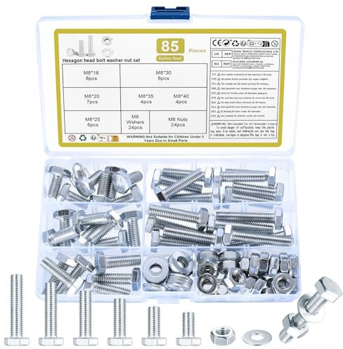 85 Pcs M8 Juego de Tornillos y Tuercas Hexagonales, Tornillos con Cabeza Hexagonal, tornillos Pernos Hexagonales y Tuercas y Arandelas, tornilleria Tornillo de Máquina Hexágono, Tornillo Hexagonal