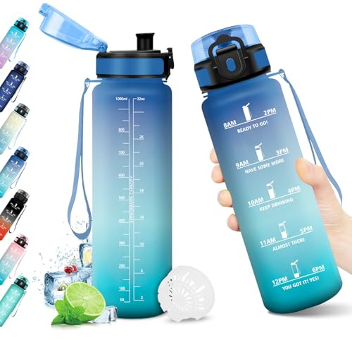 KollyKolla Bouteille Sport 1L, Gourde sans BPA, Gourde avec Filtre et Marqueur de Temps, Bouteille Réutilisable, Gourdes Motivation, Gourdes Sport Étanche pour l'école, Sport, Bureau, Randonnée