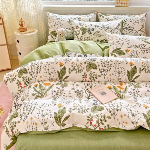 Michorinee Housse de Couette 140x200 Coton Blanc Vert Naturel Feuillage et Multicolore Fleurie Parure de Lit Adulte 1 Personne Ensemble Linge de lit avec 1 Taie d'oreiller 65x65 Fermeture Éclair