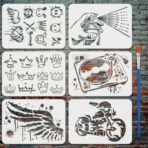 FINGERINSPIRE 6 Pcs Graffiti Painting Stencil with Brush 21x29.7cm Graffiti Heart, Rabbit, Crown, Pattern Drawing Template Spray Hand, Turntable, Wings, Flame Motorcycle Stencil for Painting