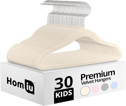 Homiu Non-Slip Kids Velvet Hangers | Ultra-Slim Space Saving Baby Velvet Coat Hangers | 360 Degree Rotatory Hook, Sturdy Baby Clothes Hanger | 30 Pack (Cream, 30 Pack)