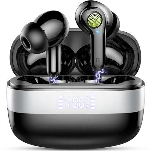 Auriculares Inalámbricos Bluetooth, 3D HiFi Estéreo Cascos Inalambricos Bluetooth 5.3 con 4 Cancelación Mic, 48H Headphones con Carga Rápida USB, IPX7 Impermeable Auriculares para iOS Android. Negro