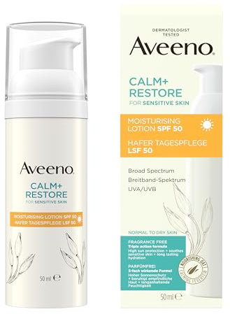 Aveeno CALM+RESTORE Hafer Tagespflege LSF 50 (50ml), Breitband-Spektrum UVA/UVB, beruhigt empfindliche Haut, langanhaltende Feuchtigkeit, hoher Sonnenschutz, parfümfrei
