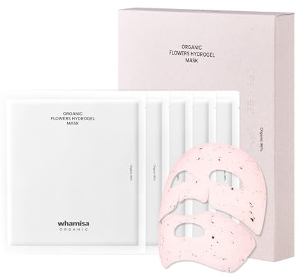 Whamisa Organic Flowers Hydrogel Facial Sheet Mask – Feuchtigkeitsspendend, Tiefenpflege, Hautpflege, Stärkung der Hautbarriere, Akne-Maske, Glättender Effekt, Fermentiert (5 Stück pro Packung)
