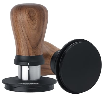 Normcore 58.5mm Espresso Tamper V5 - Spring-Loaded Coffee Tamper with 6 Adjustable Pressure Settings, Tri-Spring Technology, Titanium PVD Flat Base, Walnut Handle and Silicone Stand