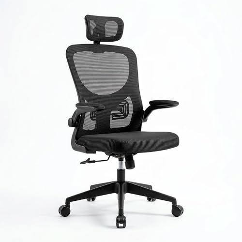 Silla de Oficina Ergonómica con Reposacabezas Ajustable, Soporte Lumbar y Malla Transpirable, Silla Escritorio con Reposabrazos, Altura Regulable y Base Giratoria con Ruedas, Silla Gaming Negra