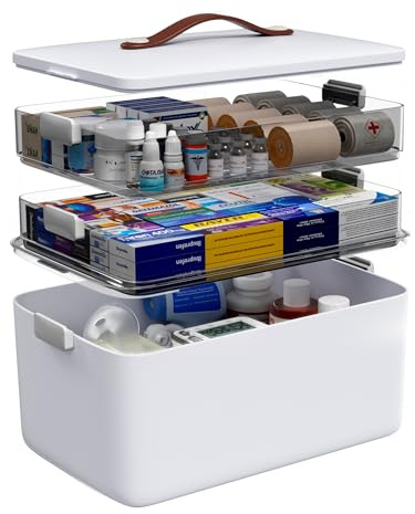 Medicine Organizer Box, 3-Tier Medicine Storage Box with Clear Trays and Carry Handle, Empty First Aid Kit Organizer for Pills, Bottles, Bandages, Home Cabinet