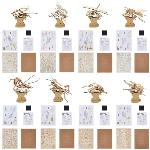 WADORN Hands Craft DIY 3D Wooden Puzzles, 8 Styles Insect Animal Models Model Puzzles Kits Natural Wood Building Kits Wooden Crafts for Adults Birthday Party Favor Gifts Home Office Desk Decor