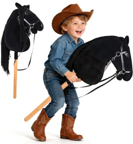 Arkyomi Plush Hobby Horse Stick Toy for Kids, 40cm Wooden Handle(Black)
