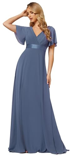 Ever-Pretty A-línea Vestido de Fiesta Cuello en V Manga Corta Gasa Corte Imperio para Mujer Armada Polvorienta 50