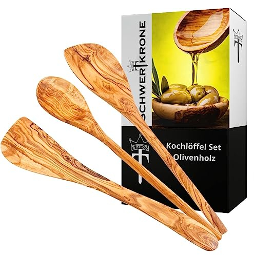 Schwertkrone Juego de cucharas de cocina de madera de olivo, espátula, cuchara de risotto, punta y redonda (juego de 3 piezas)