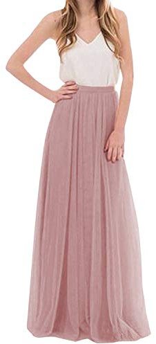 Dam golvlängd A-linje tyllkjolar formell brud bröllop maxikjolar hög midja fest tutu kjol, Rosa, M