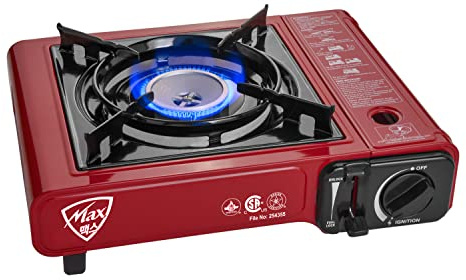 MAXSUN MS-2500 Portable Butane Gas Stove – CSA Certified 8,000 BTU Camping Stove with Carrying Case, Automatic Ignition, Safety Lock, Camping & Outdoor Cooking (Red)