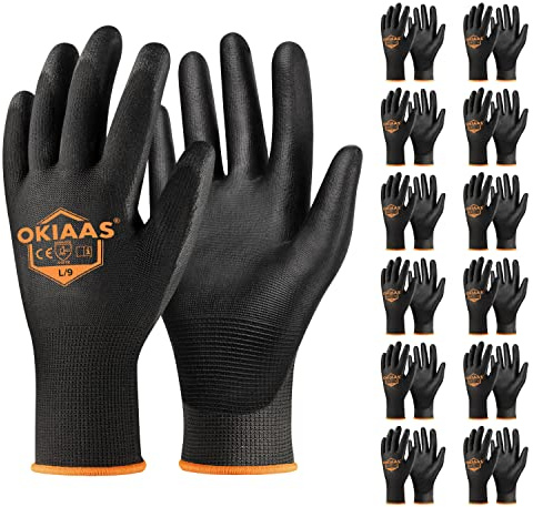 OKIAAS Work Gloves for Men,Ultra Thin and Lightweight Working Gloves with Grip,12 Pairs Bulk Pack Construction Gloves with Polyurethane Coating,Safety Gloves for Light Duty Work (Black, Large)