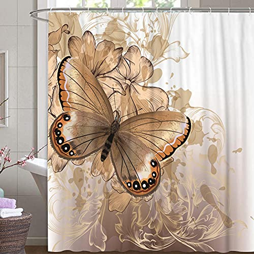 M&W DAS DESIGN Duschvorhang golden Schmettling Pflanzen Flora Textil Blumen Butterfly Schimmelresistent Farbefest inkl. 12 C-Ringe Gewicht unten 180x200 (BxH) cm